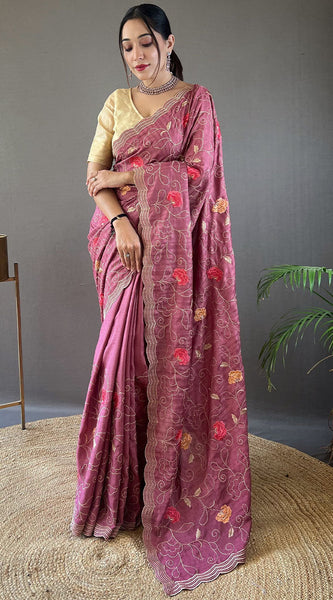 Whimsical Wine Embroidery Work Tussar Silk Saree With Elaborate Blouse Piece