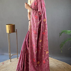 Whimsical Wine Embroidery Work Tussar Silk Saree With Elaborate Blouse Piece