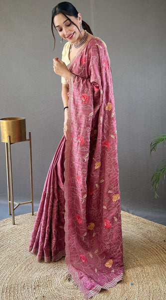 Whimsical Wine Embroidery Work Tussar Silk Saree With Elaborate Blouse Piece