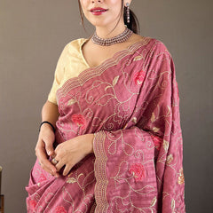 Whimsical Wine Embroidery Work Tussar Silk Saree With Elaborate Blouse Piece