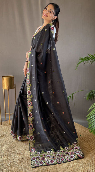 Jazzy Black Embroidery Work Tussar Silk Saree With Girlish Blouse Piece