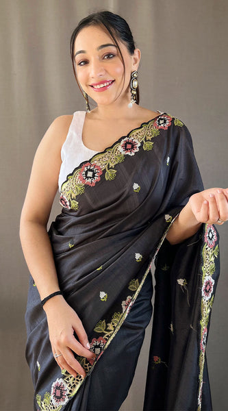 Jazzy Black Embroidery Work Tussar Silk Saree With Girlish Blouse Piece