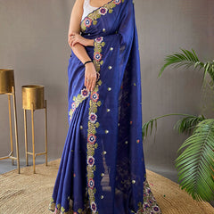 Amazing Blue Embroidery Work Tussar Silk Saree With Skinny Blouse Piece