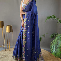 Amazing Blue Embroidery Work Tussar Silk Saree With Skinny Blouse Piece