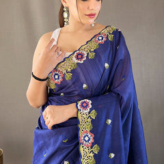 Amazing Blue Embroidery Work Tussar Silk Saree With Skinny Blouse Piece