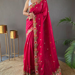 Charming Dark Pink Embroidery Work Tussar Silk Saree With Mesmeric Blouse Piece