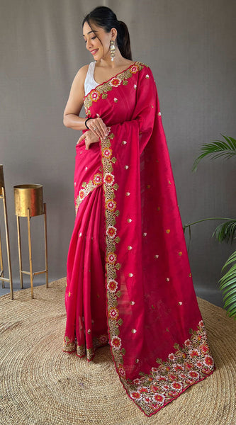 Charming Dark Pink Embroidery Work Tussar Silk Saree With Mesmeric Blouse Piece