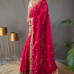 Charming Dark Pink Embroidery Work Tussar Silk Saree With Mesmeric Blouse Piece