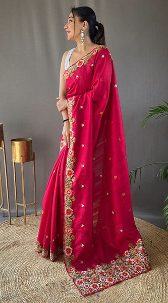 Charming Dark Pink Embroidery Work Tussar Silk Saree With Mesmeric Blouse Piece