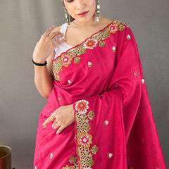 Charming Dark Pink Embroidery Work Tussar Silk Saree With Mesmeric Blouse Piece