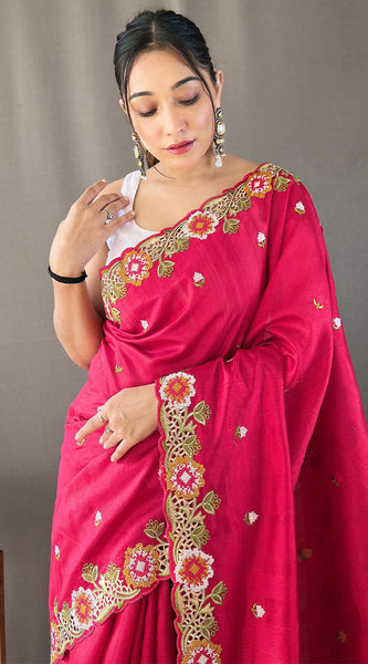 Charming Dark Pink Embroidery Work Tussar Silk Saree With Mesmeric Blouse Piece