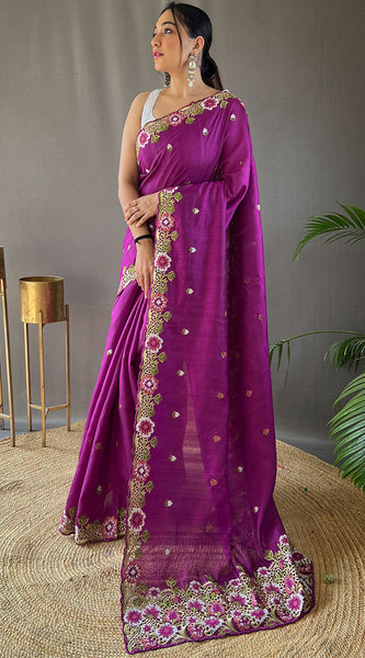 Redolent Purple Embroidery Work Tussar Silk Saree With Splendiferous Blouse Piece