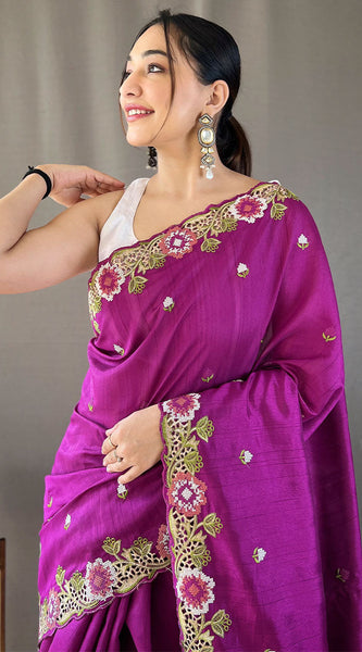 Redolent Purple Embroidery Work Tussar Silk Saree With Splendiferous Blouse Piece