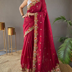 Improbable Wine Embroidery Work Tussar Silk Saree With Elaborate Blouse Piece