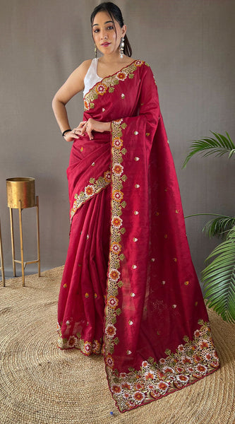 Improbable Wine Embroidery Work Tussar Silk Saree With Elaborate Blouse Piece