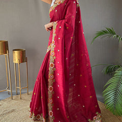 Improbable Wine Embroidery Work Tussar Silk Saree With Elaborate Blouse Piece