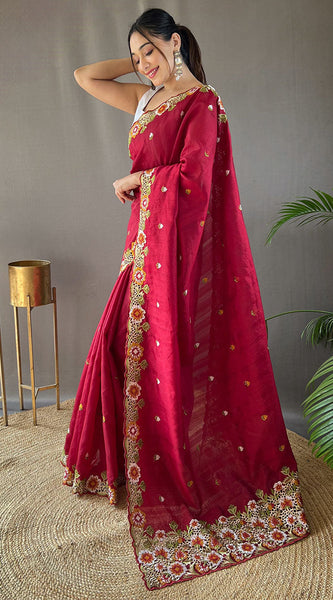 Improbable Wine Embroidery Work Tussar Silk Saree With Elaborate Blouse Piece