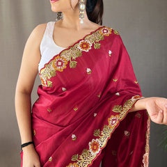 Improbable Wine Embroidery Work Tussar Silk Saree With Elaborate Blouse Piece