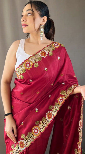 Improbable Wine Embroidery Work Tussar Silk Saree With Elaborate Blouse Piece
