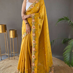 Aplomb Yellow Embroidery Work Tussar Silk Saree With Ethereal Blouse Piece