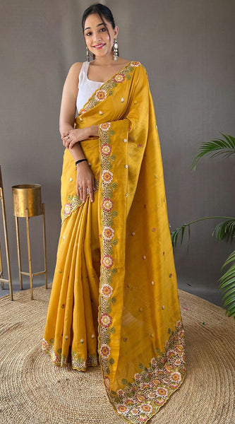 Aplomb Yellow Embroidery Work Tussar Silk Saree With Ethereal Blouse Piece