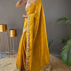 Aplomb Yellow Embroidery Work Tussar Silk Saree With Ethereal Blouse Piece