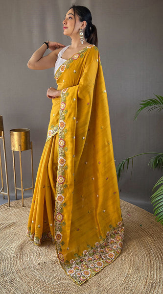 Aplomb Yellow Embroidery Work Tussar Silk Saree With Ethereal Blouse Piece