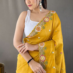 Aplomb Yellow Embroidery Work Tussar Silk Saree With Ethereal Blouse Piece