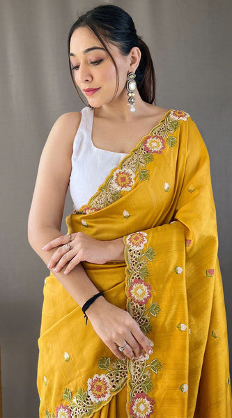 Aplomb Yellow Embroidery Work Tussar Silk Saree With Ethereal Blouse Piece