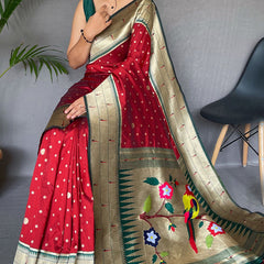 Exuberant Red Paithani Silk Saree With Snazzy Blouse Piece