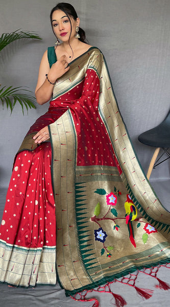 Exuberant Red Paithani Silk Saree With Snazzy Blouse Piece