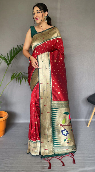 Exuberant Red Paithani Silk Saree With Snazzy Blouse Piece