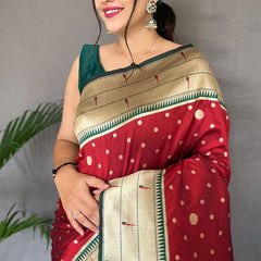 Exuberant Red Paithani Silk Saree With Snazzy Blouse Piece