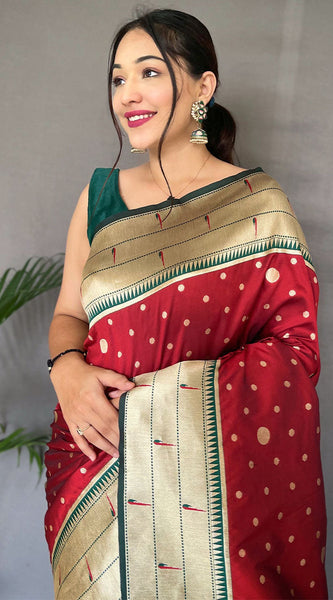 Exuberant Red Paithani Silk Saree With Snazzy Blouse Piece
