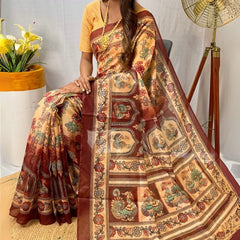 Eloquence Beige Kalamkari Printed Saree With Palimpsest Blouse Piece