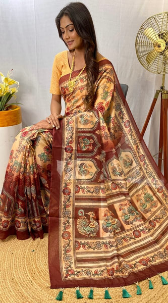 Eloquence Beige Kalamkari Printed Saree With Palimpsest Blouse Piece