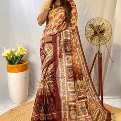 Eloquence Beige Kalamkari Printed Saree With Palimpsest Blouse Piece
