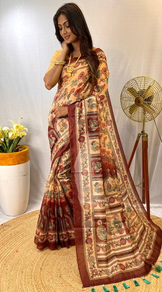 Eloquence Beige Kalamkari Printed Saree With Palimpsest Blouse Piece
