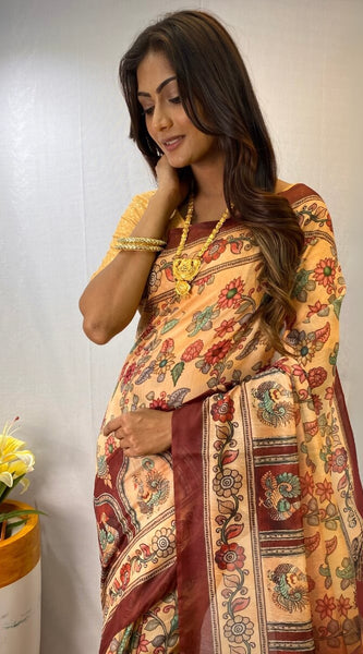 Eloquence Beige Kalamkari Printed Saree With Palimpsest Blouse Piece
