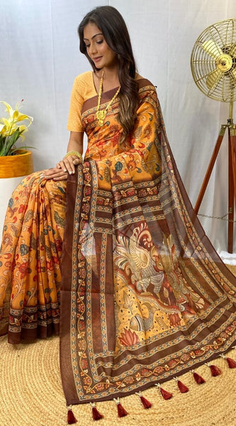 Magnetic Mustard Kalamkari Printed Saree With Snappy Blouse Piece