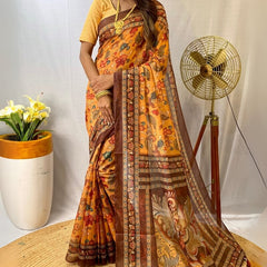 Magnetic Mustard Kalamkari Printed Saree With Snappy Blouse Piece