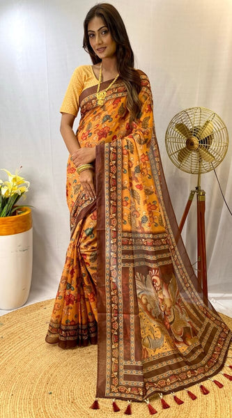 Magnetic Mustard Kalamkari Printed Saree With Snappy Blouse Piece