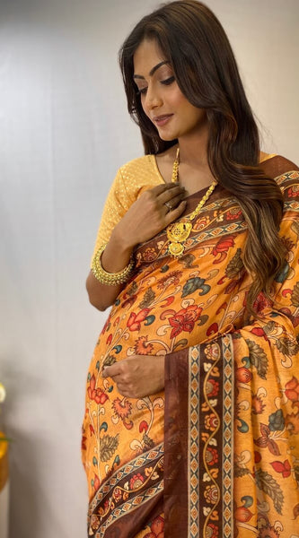 Magnetic Mustard Kalamkari Printed Saree With Snappy Blouse Piece