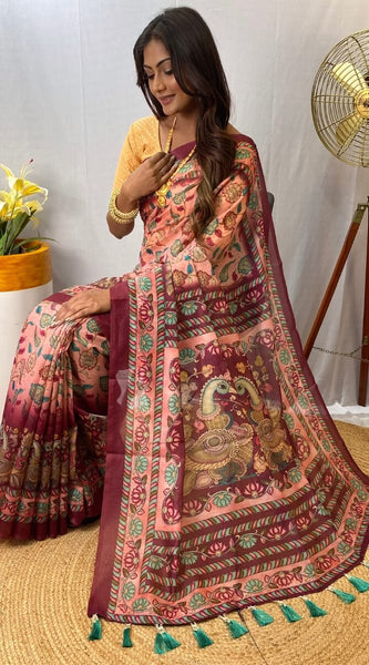 Exquisite Pink Kalamkari Printed Saree With Resonant Blouse Piece