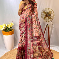Exquisite Pink Kalamkari Printed Saree With Resonant Blouse Piece