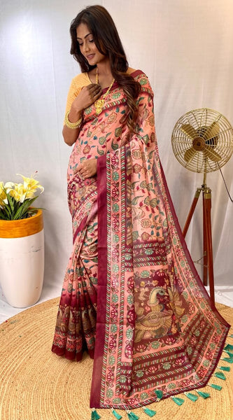 Exquisite Pink Kalamkari Printed Saree With Resonant Blouse Piece