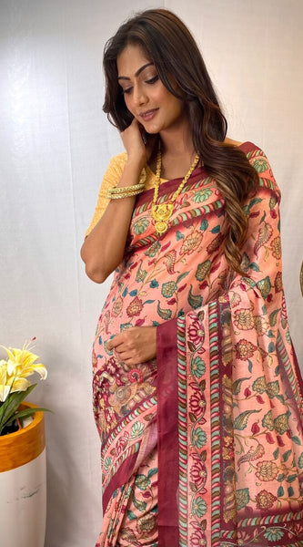 Exquisite Pink Kalamkari Printed Saree With Resonant Blouse Piece