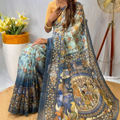 Glamorous Sky Kalamkari Printed Saree With Dulcet Blouse Piece