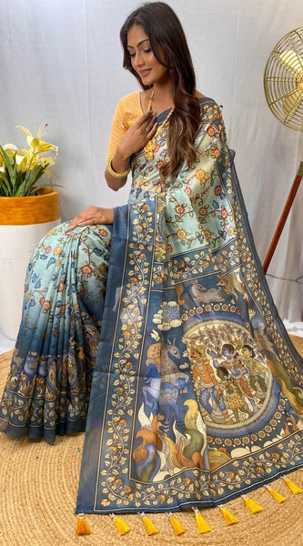 Glamorous Sky Kalamkari Printed Saree With Dulcet Blouse Piece