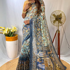 Glamorous Sky Kalamkari Printed Saree With Dulcet Blouse Piece